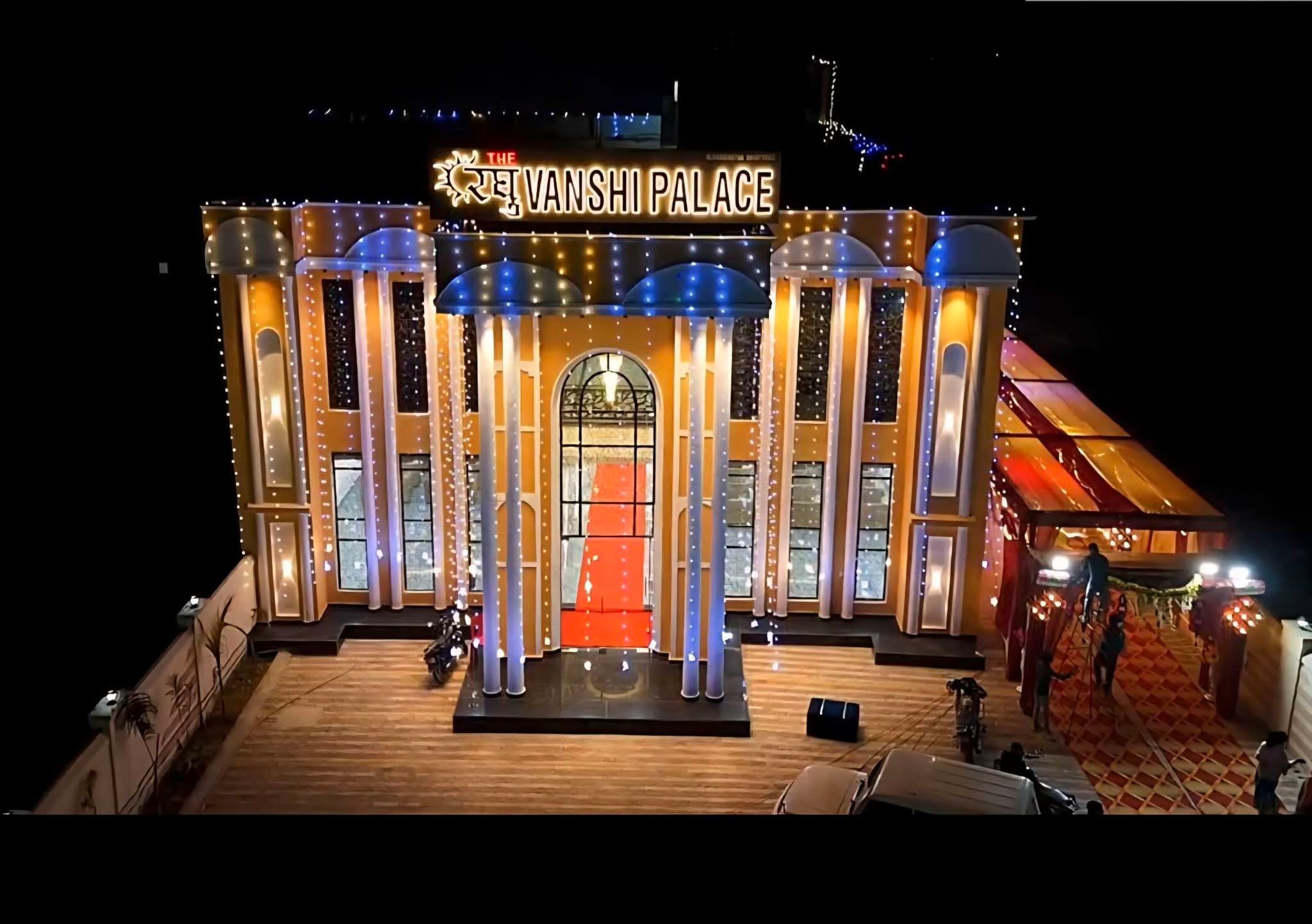 Exterior view of Raghuvanshi Palace illuminated at night
